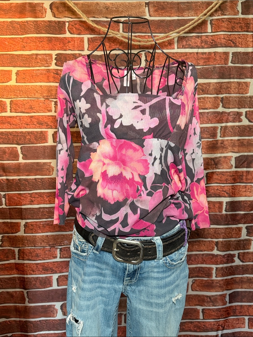 👚 Sweet Pea Floral Mesh Babydoll Top Y2K — Black/Pink — Sz Small / A